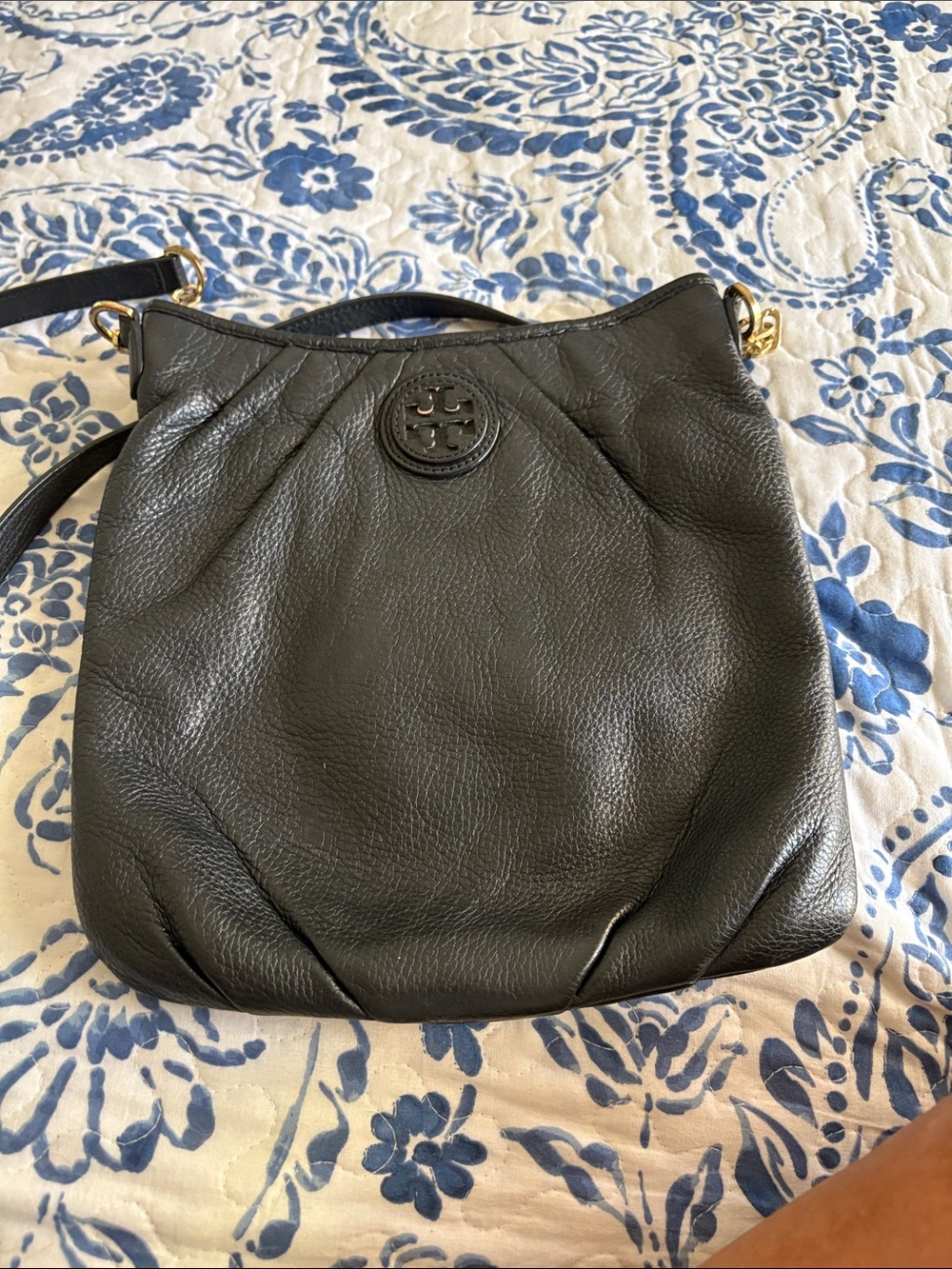 Tory Burch Black Pebbled Leather Logo Crossbody